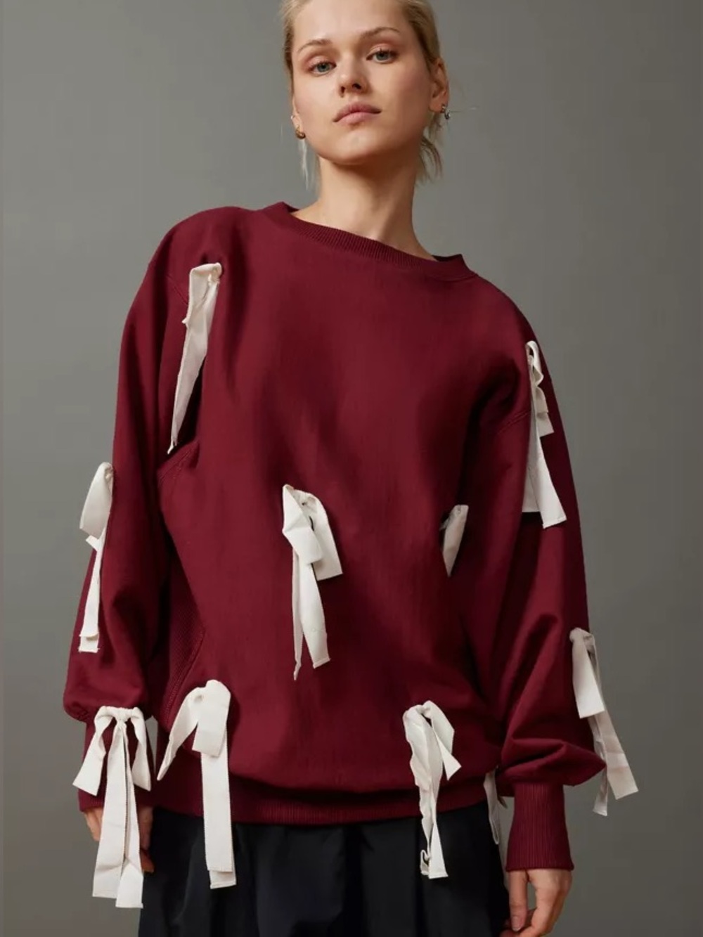 Kimchi Blue Burgundy Sweatshirt with Cream Ribbon Ties